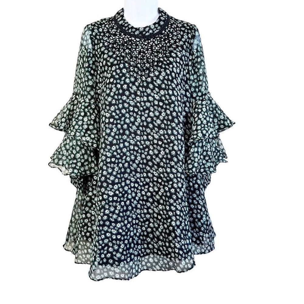 Ranna Gill Floral Mirror Embroidered Ruffle Sleeve Shift Dress Womens XS